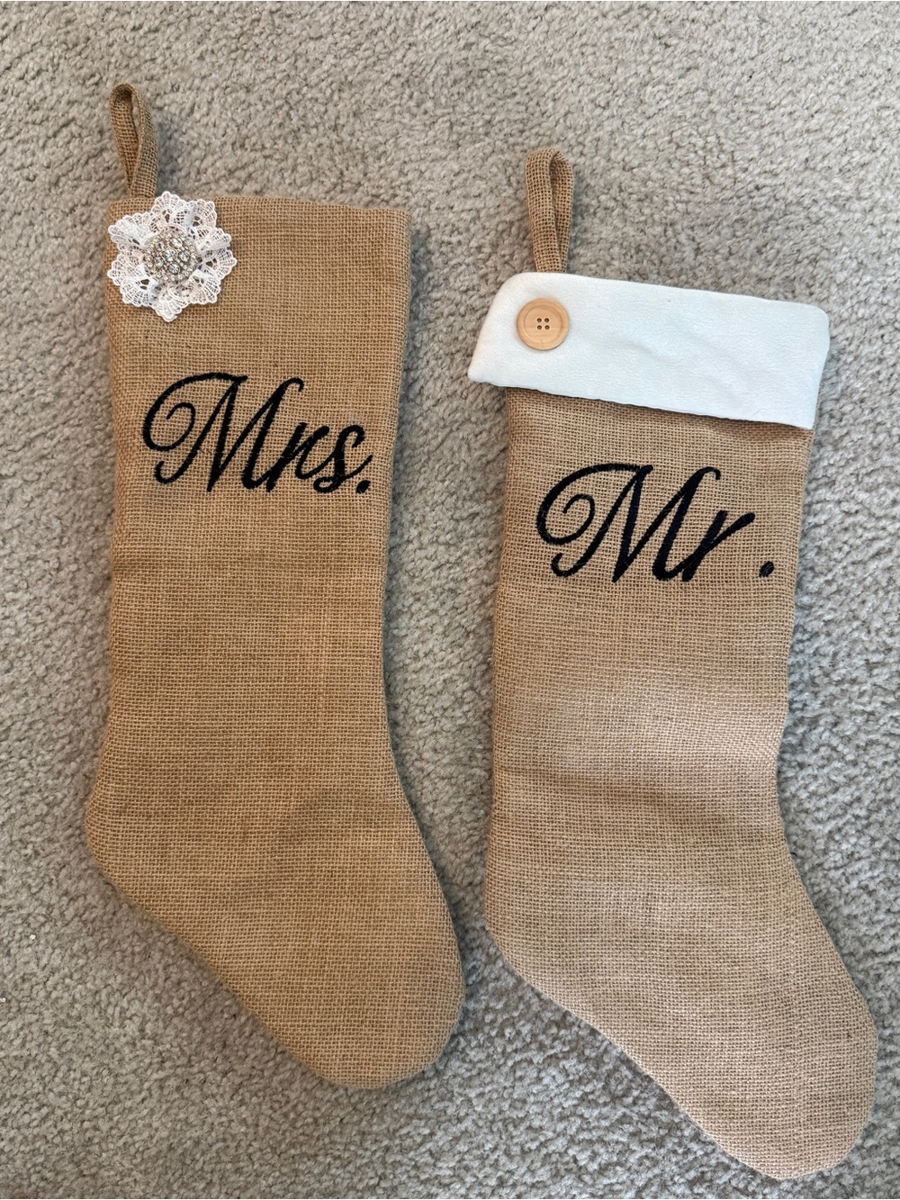 Mr & Mrs Christmas Stockings Burlap Embellished Buttons & Lace 19" Wedding Gift
